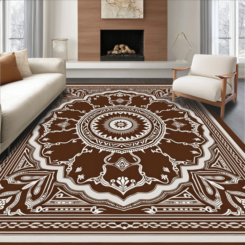 Rich Brown White Medallion Floral Rug