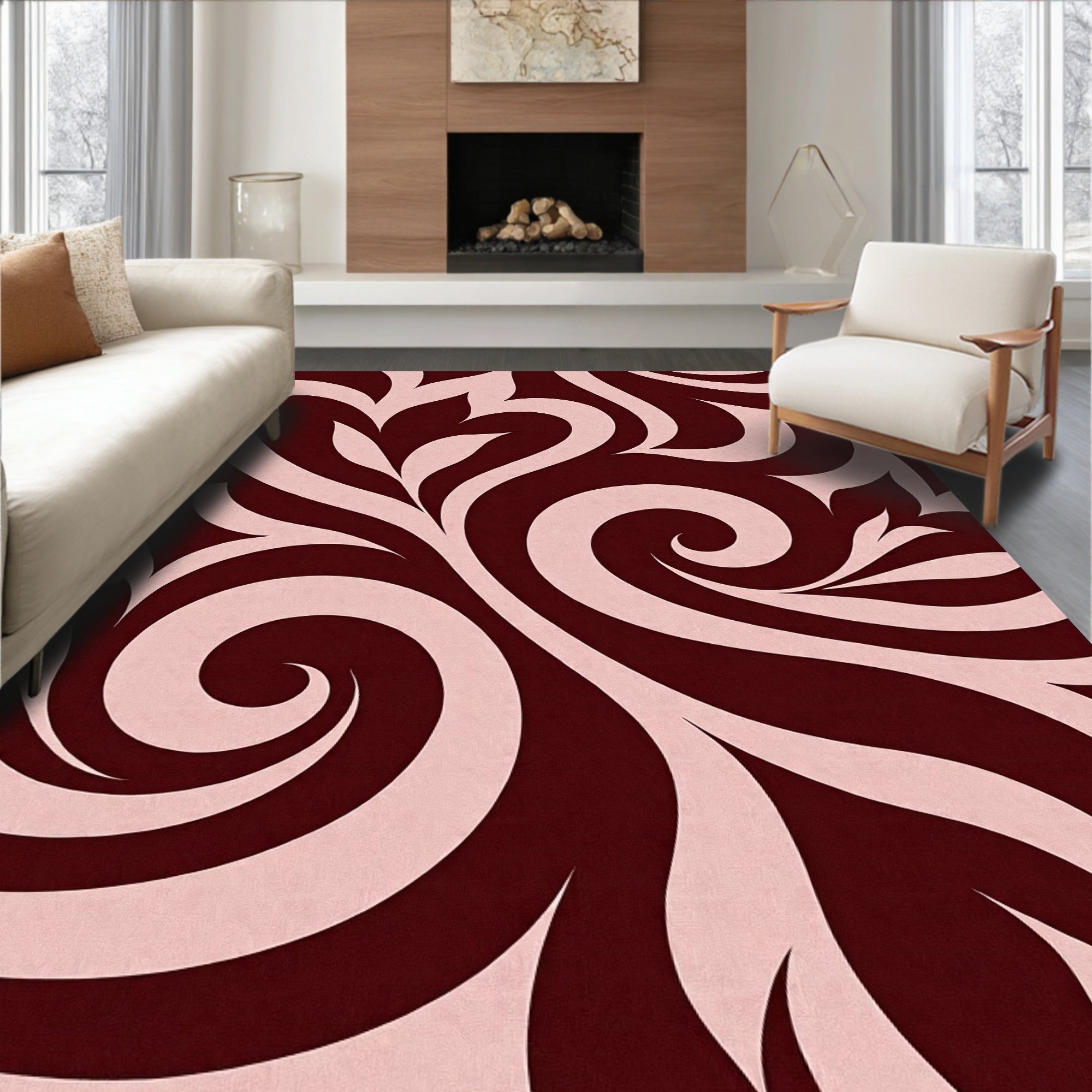 Burgundy Swirl Abstract Floral Rug