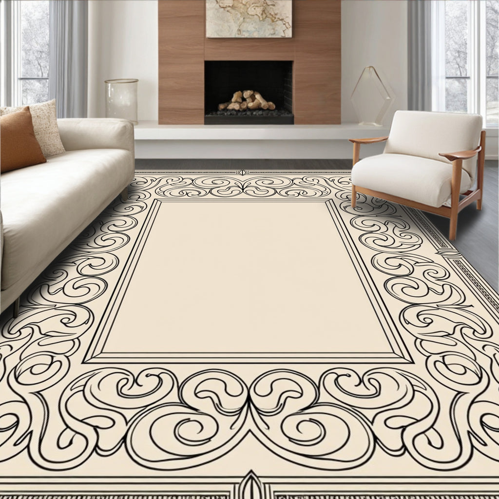 Ornate Beige Scroll Swirl Border Rug