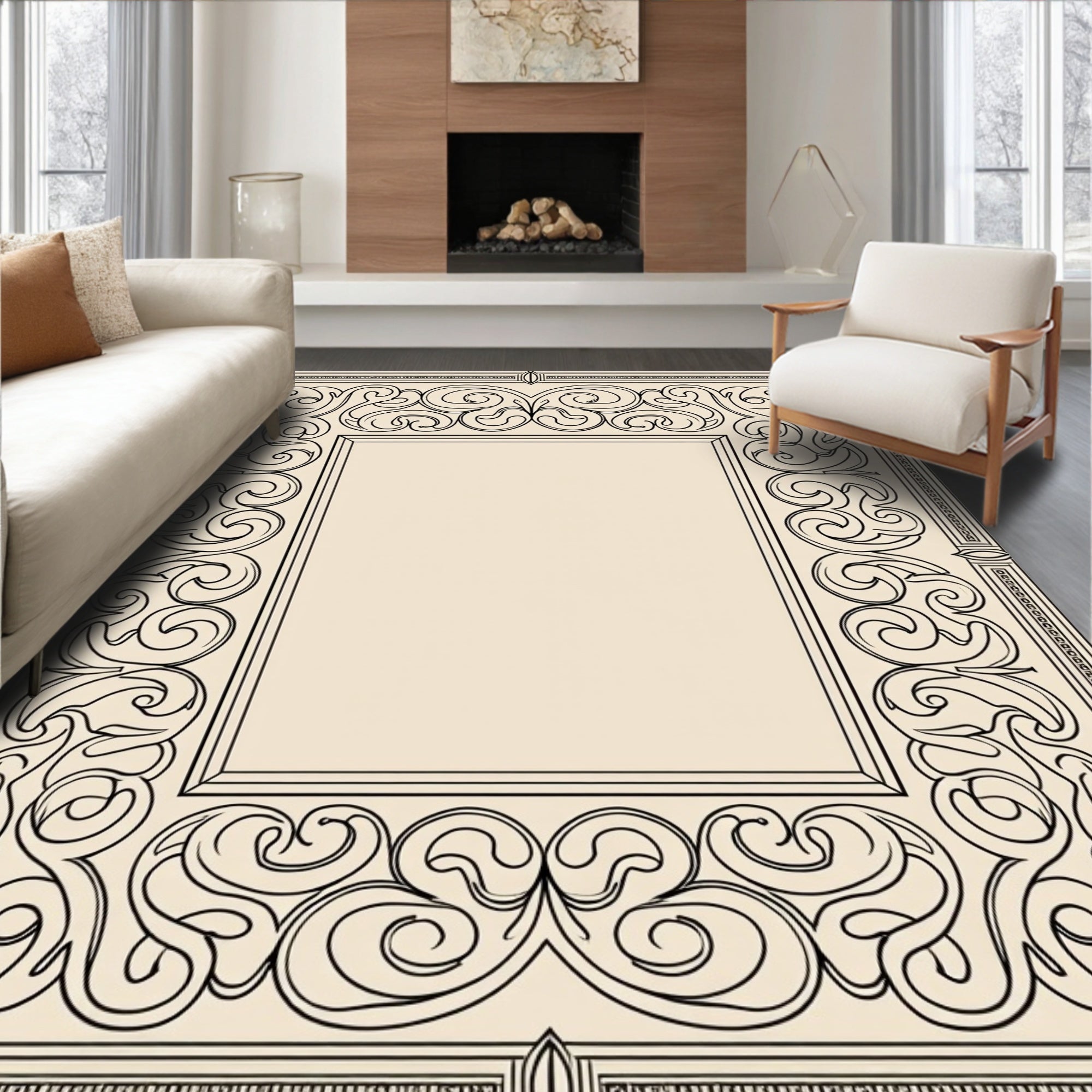Ornate Beige Scroll Swirl Border Rug