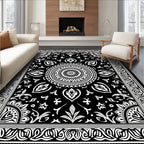 Black White Floral Mandala Border Rug