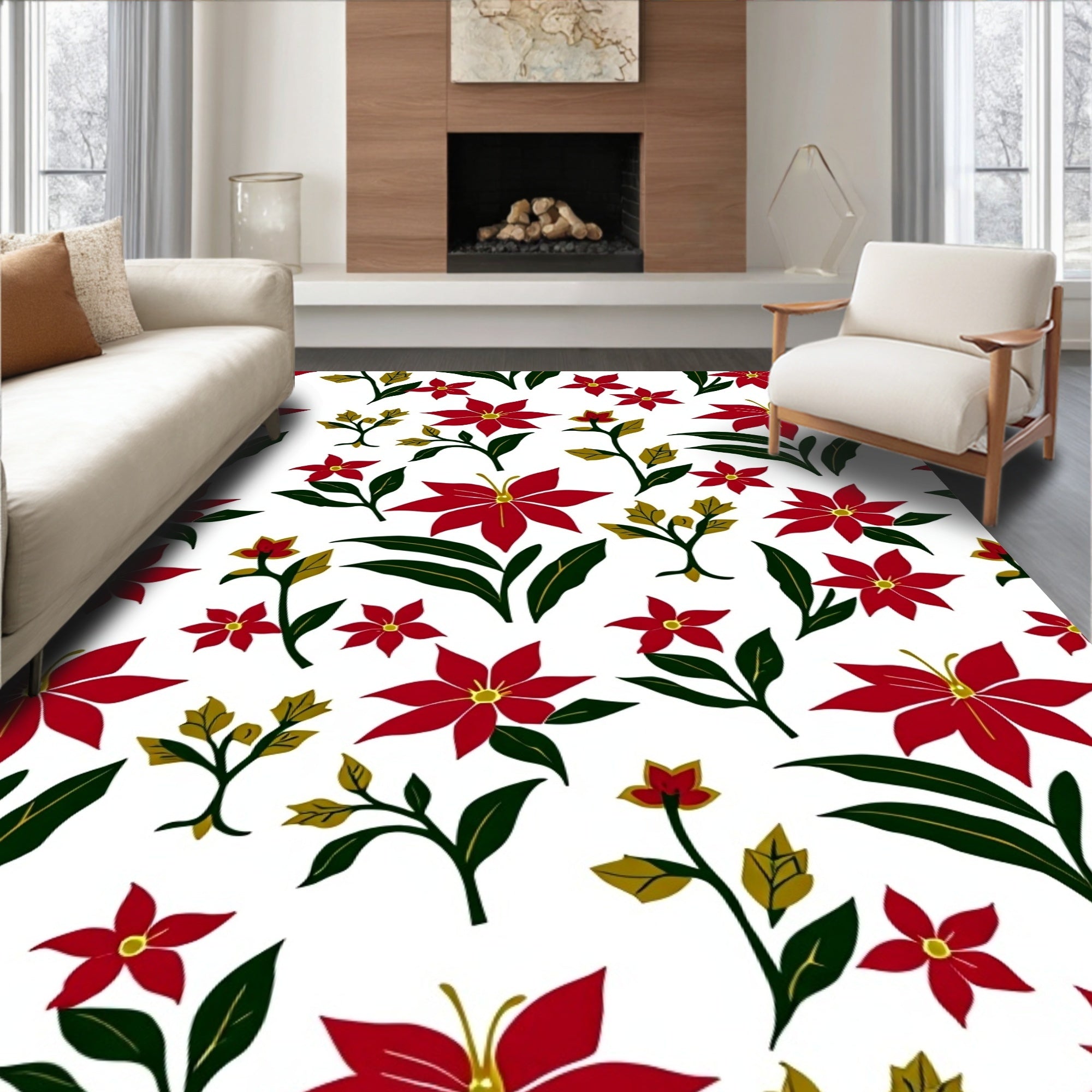 Red Poppies White Floral Garden Rug