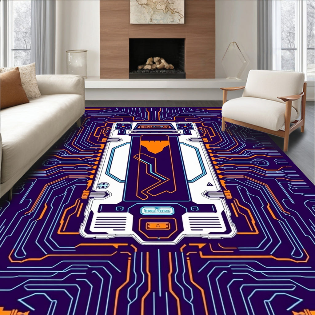 Cyberpunk Circuit Board Orange Blue Rug