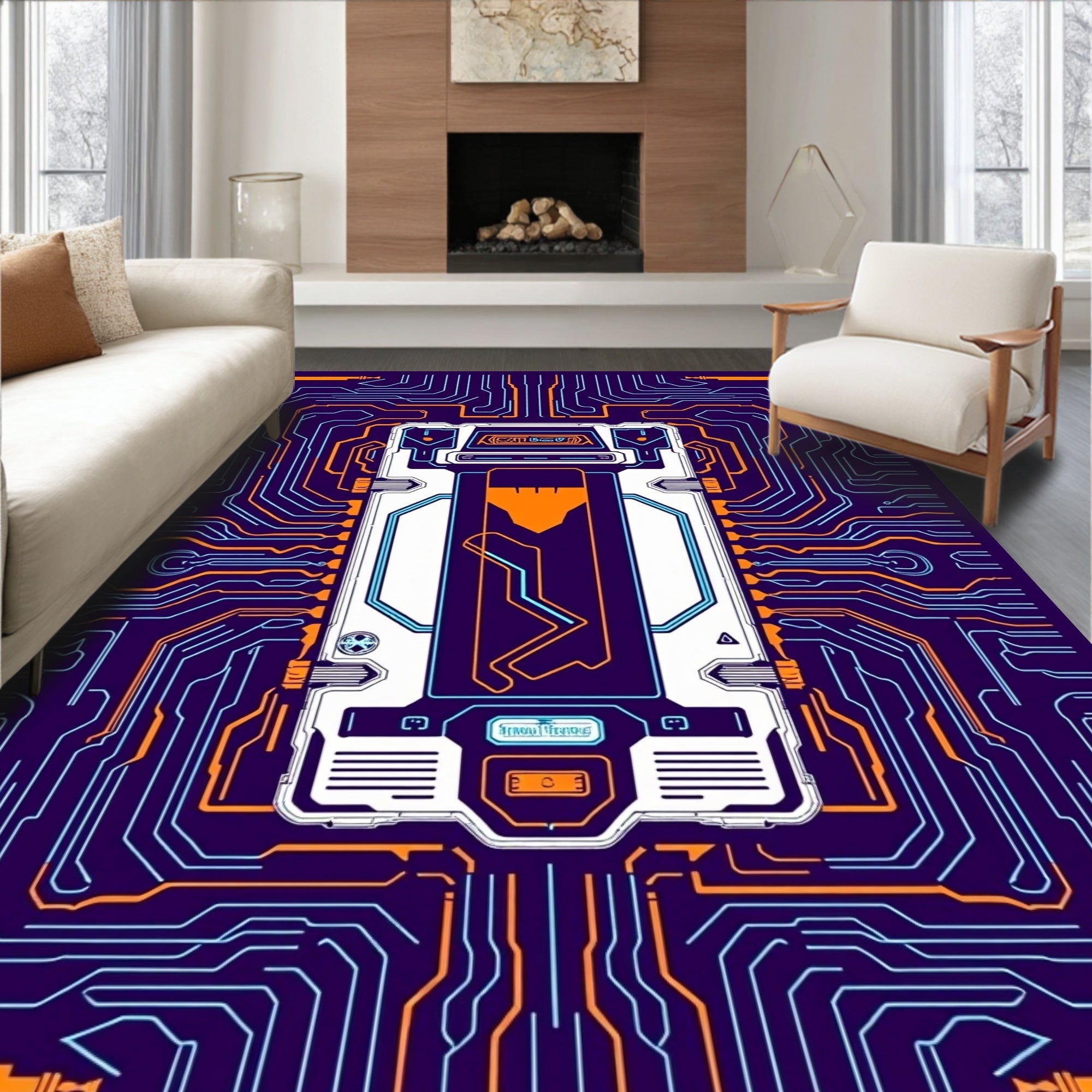 Cyberpunk Circuit Board Orange Blue Rug