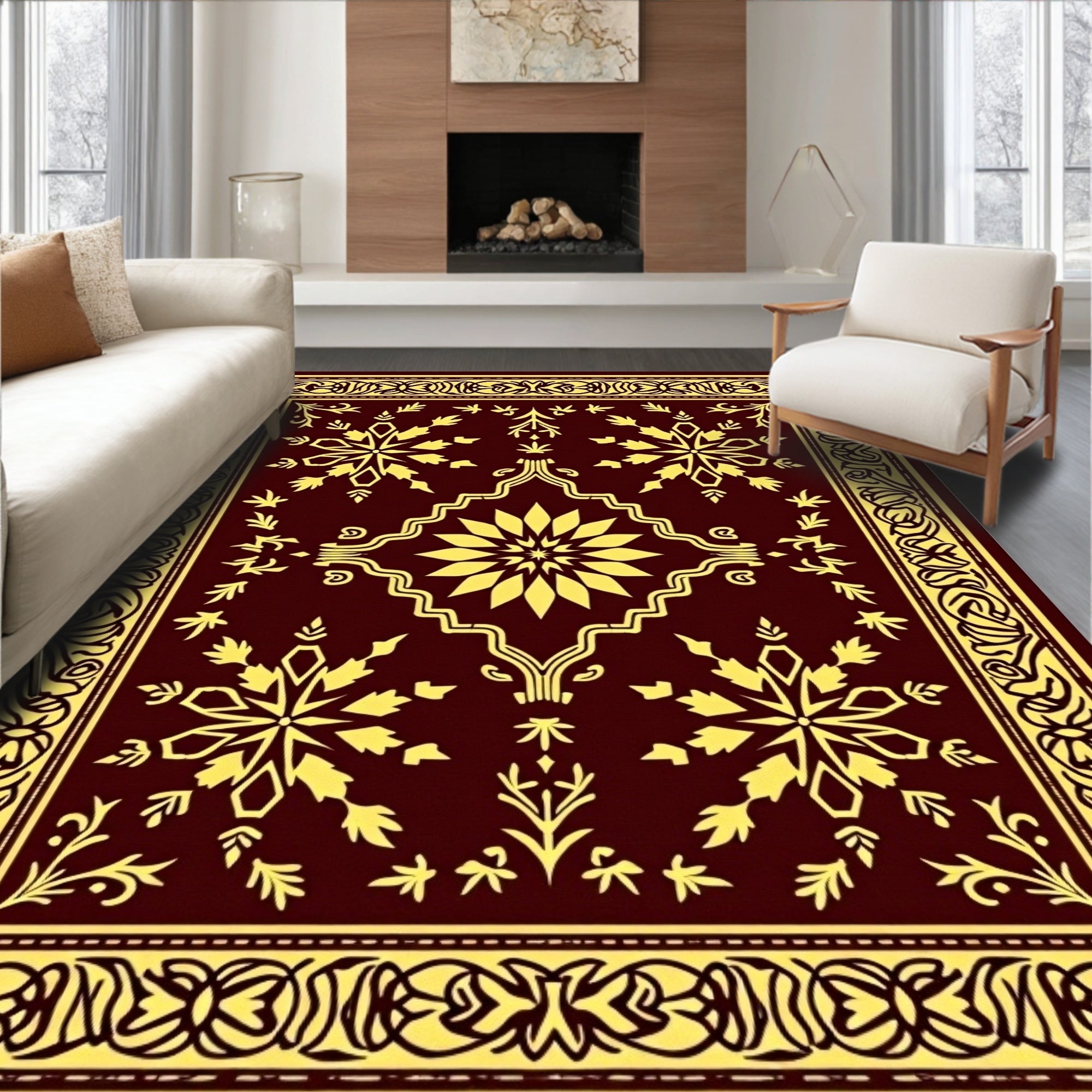 Crimson Yellow Floral Scrollwork Border Rug