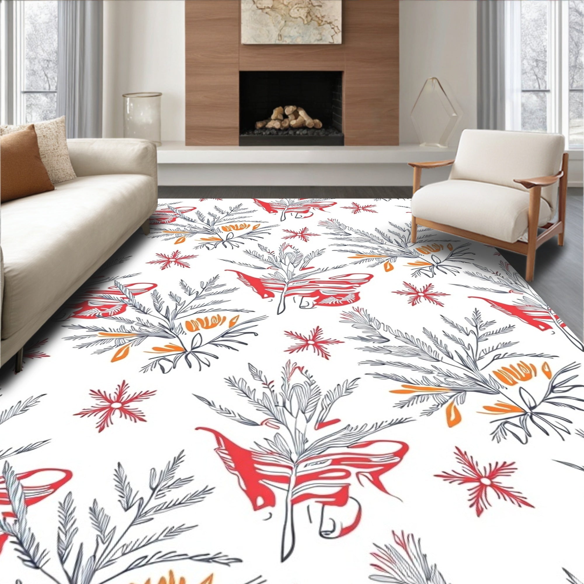 Red Orange Leafy Branch Bloom Rug