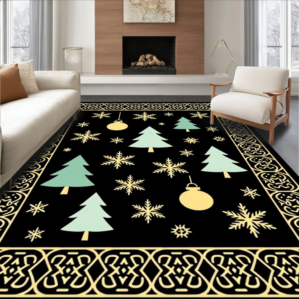 Festive Christmas Trees Snowflakes Baubles Border Rug