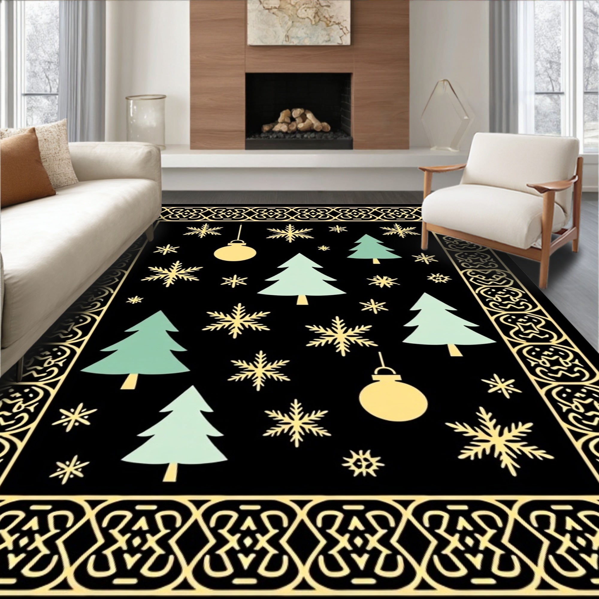 Festive Christmas Trees Snowflakes Baubles Border Rug