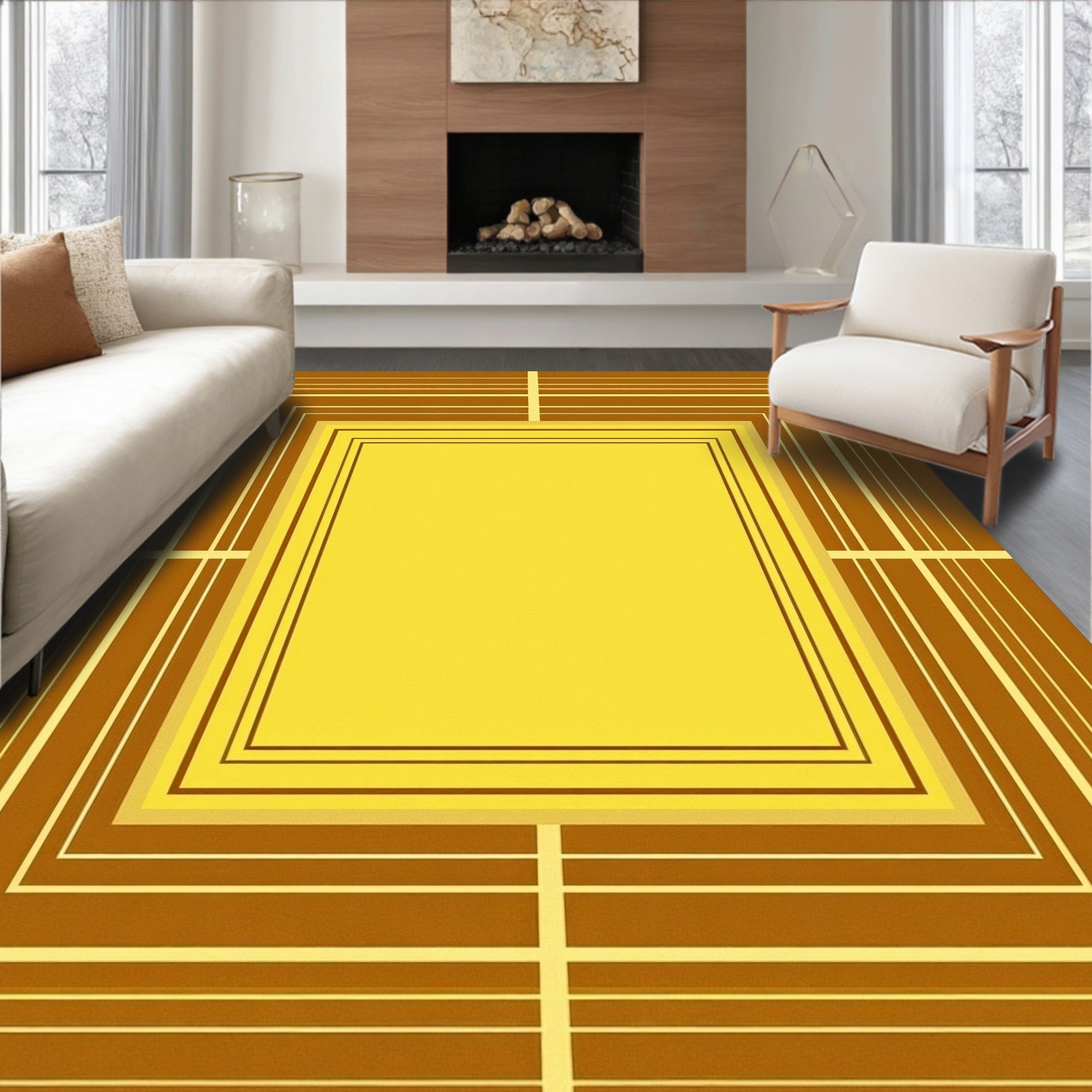 Golden Yellow Brown Concentric Squares Rug