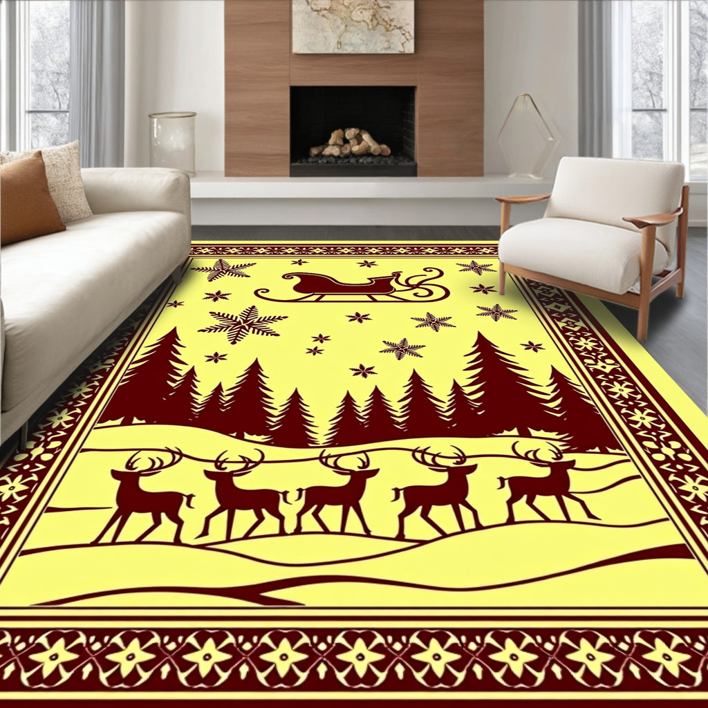Winter Scene Sleigh Deer Snowflakes Border Rug