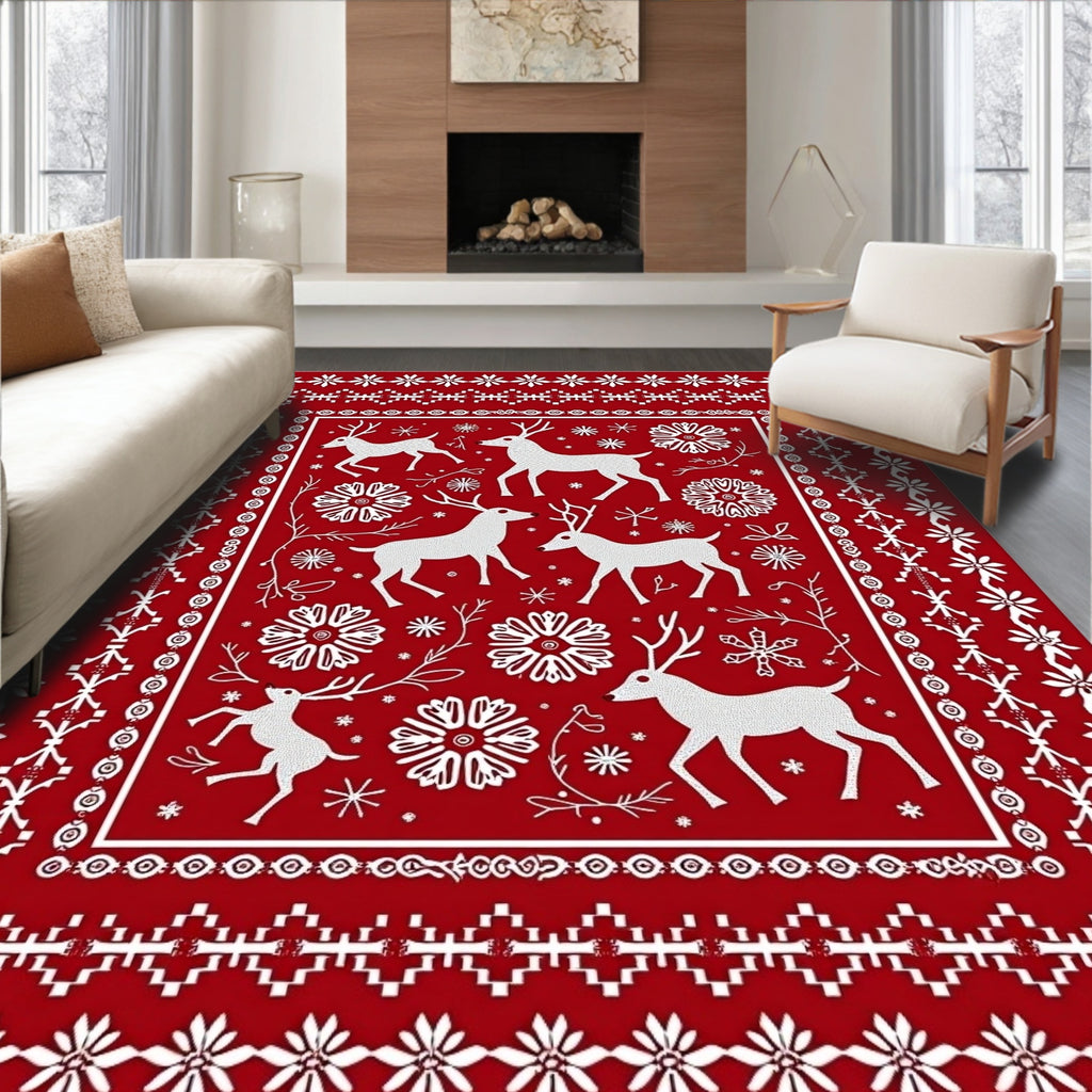 Red White Deer Snowflake Nordic Rug