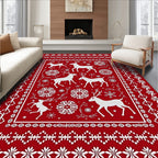 Red White Deer Snowflake Nordic Rug