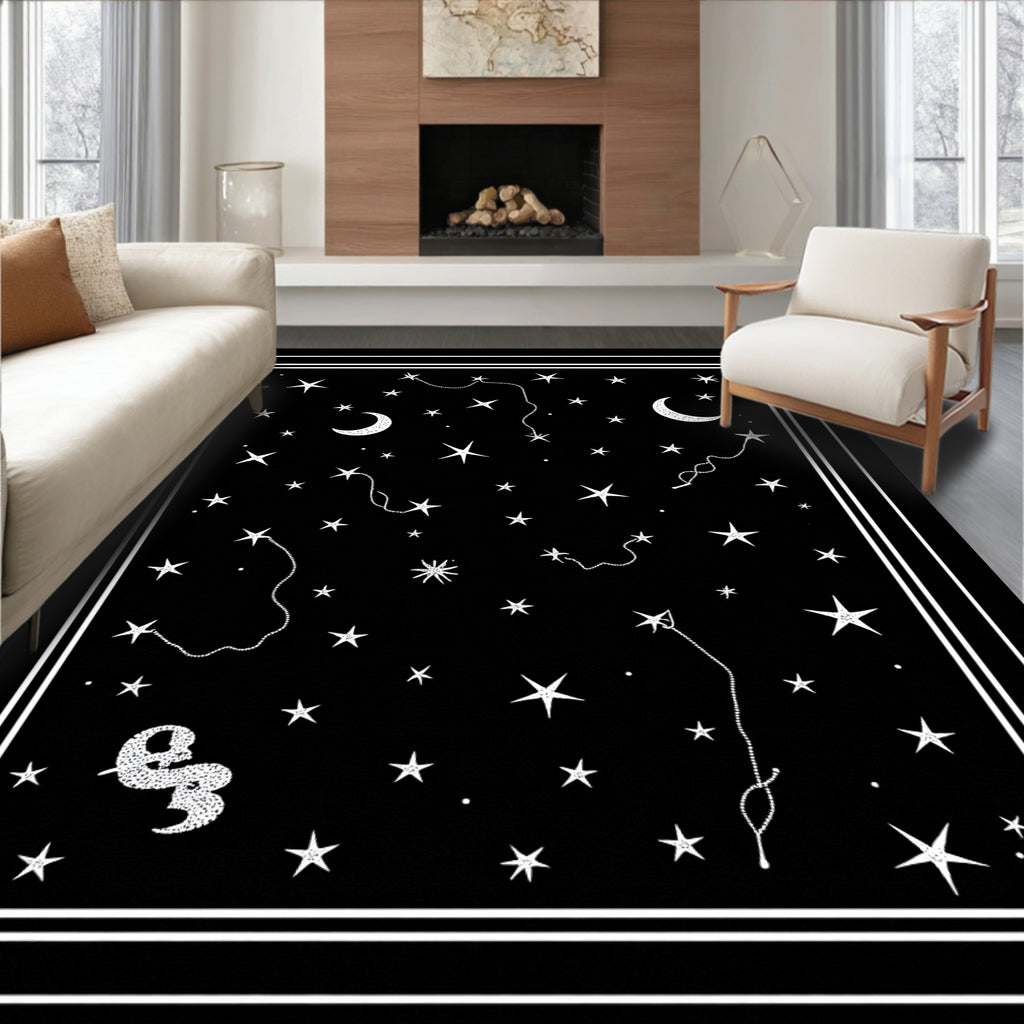 Black White Celestial Moon Star Rug