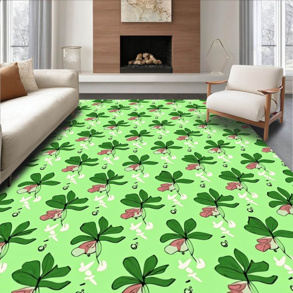 Lush Green Pink Floral Botanical Rug