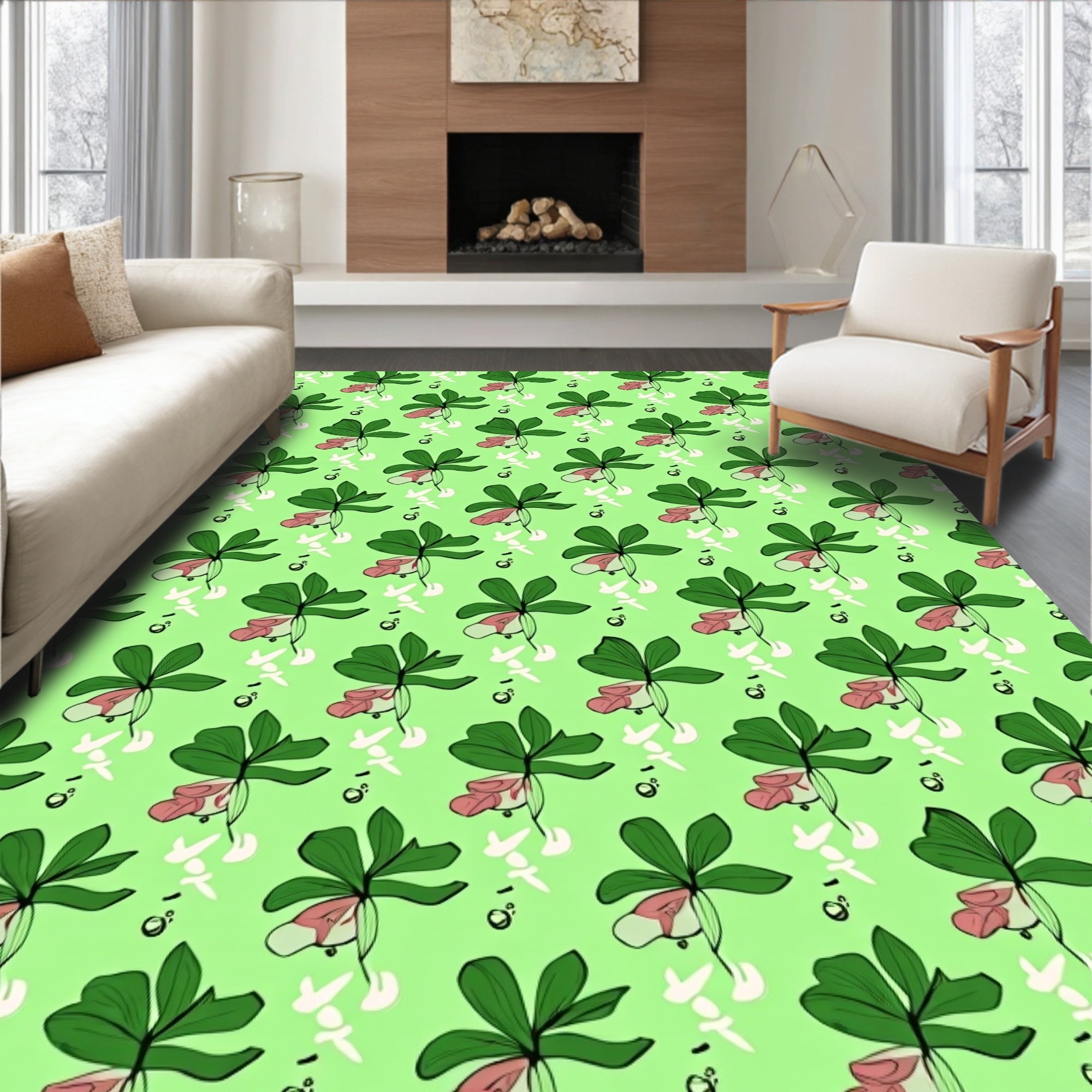Lush Green Pink Floral Botanical Rug
