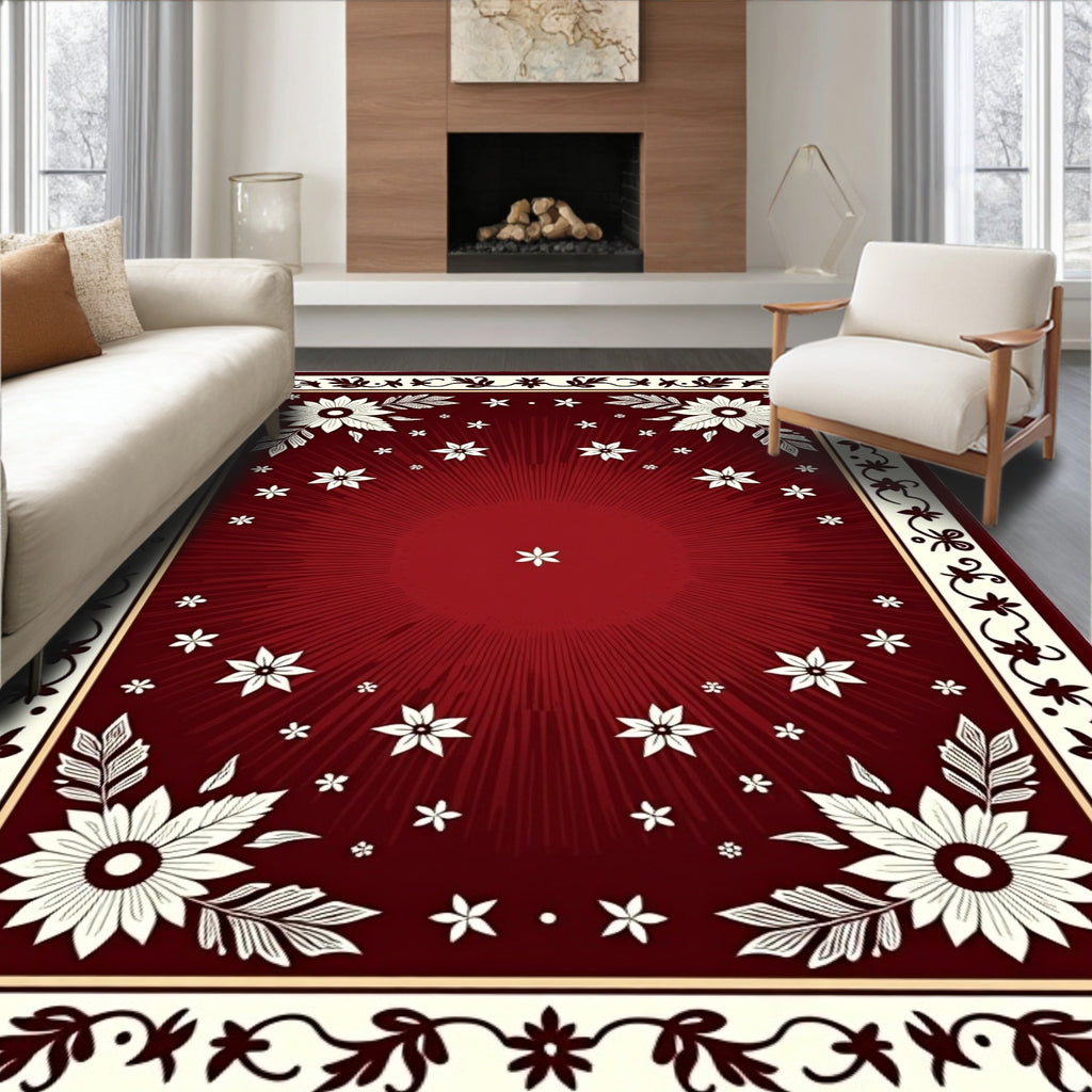 Red Floral Burst Medallion Border Rug