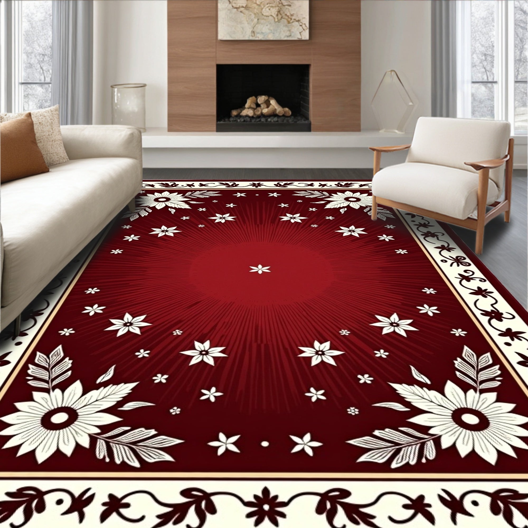 Red Floral Burst Medallion Border Rug