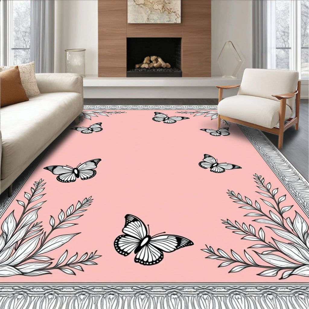 Pink Butterfly Garden Outline Border Rug