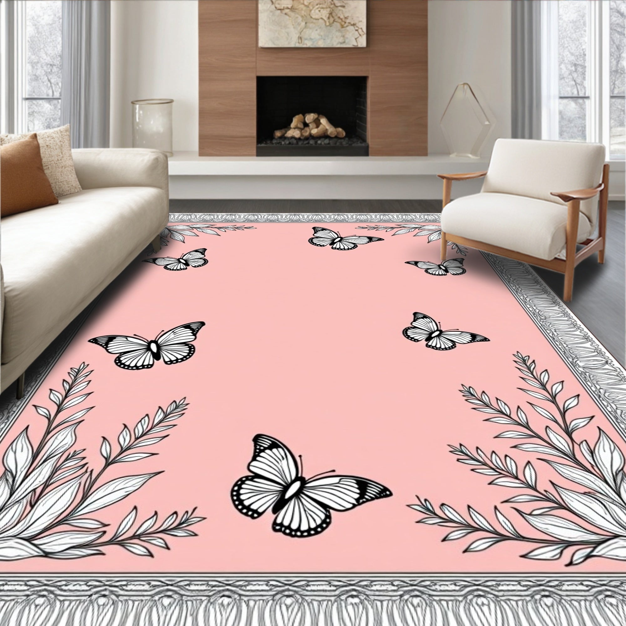 Pink Butterfly Garden Outline Border Rug