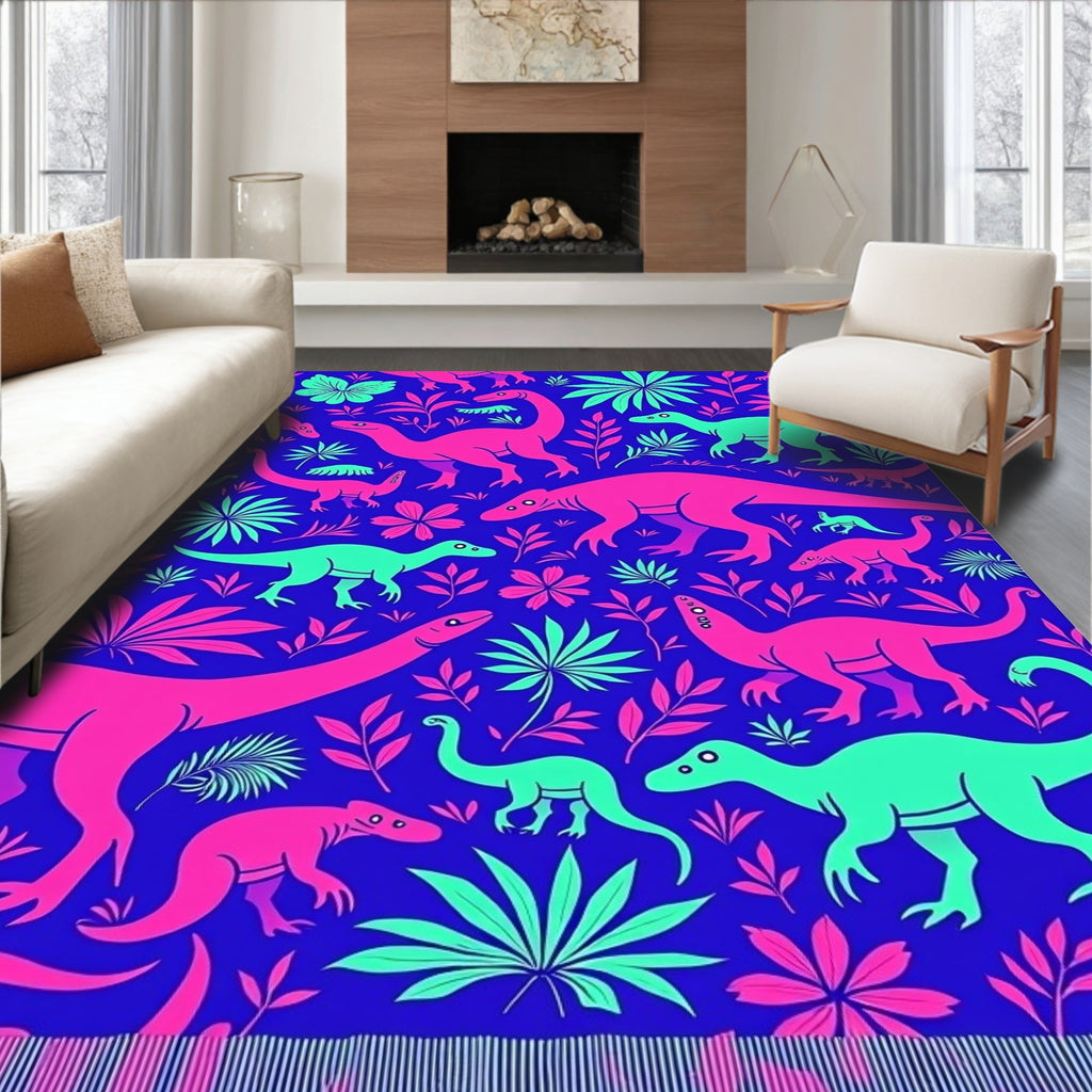 Retro Neon Dinosaur Jungle Scene Rug