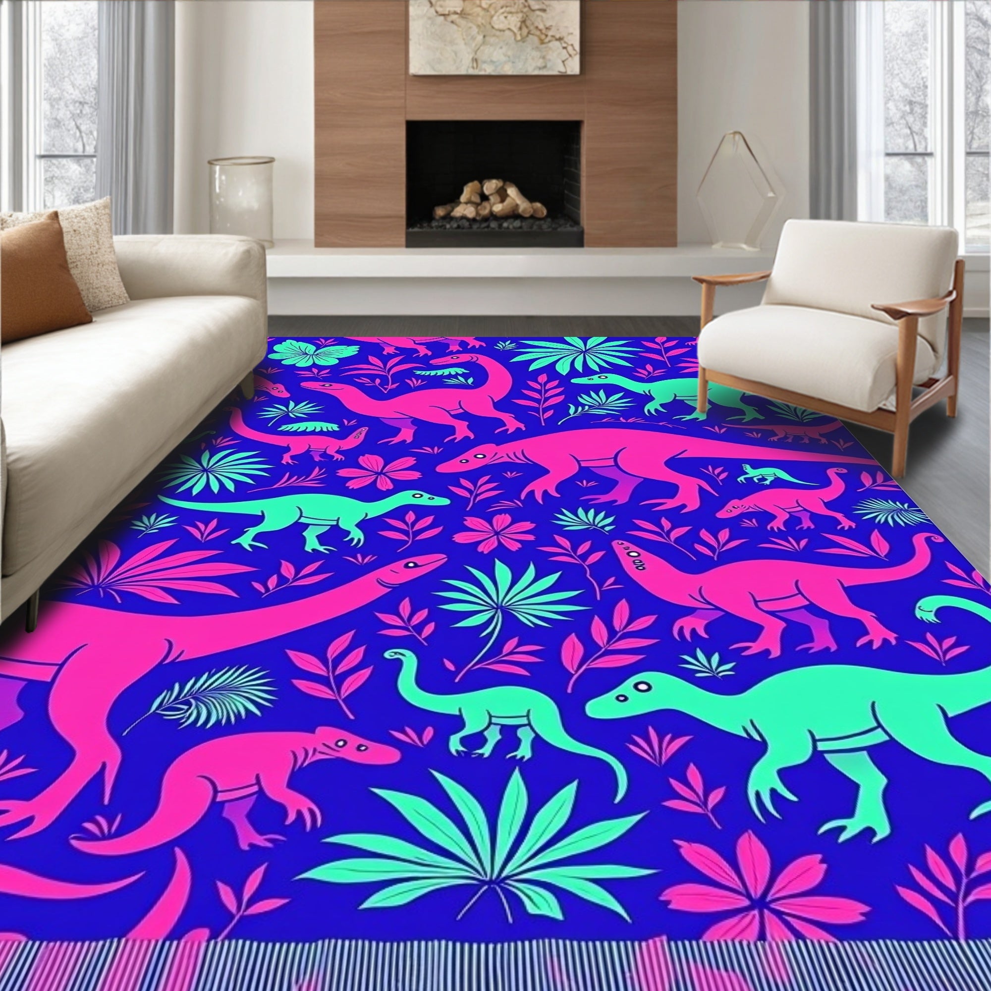 Retro Neon Dinosaur Jungle Scene Rug