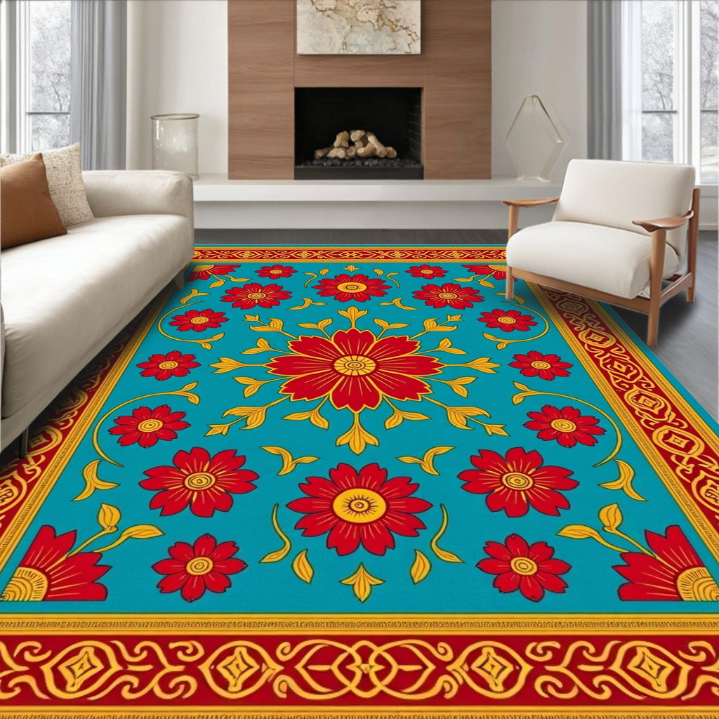 Vibrant Red Golden Floral Border Rug
