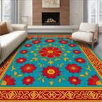 Vibrant Red Golden Floral Border Rug