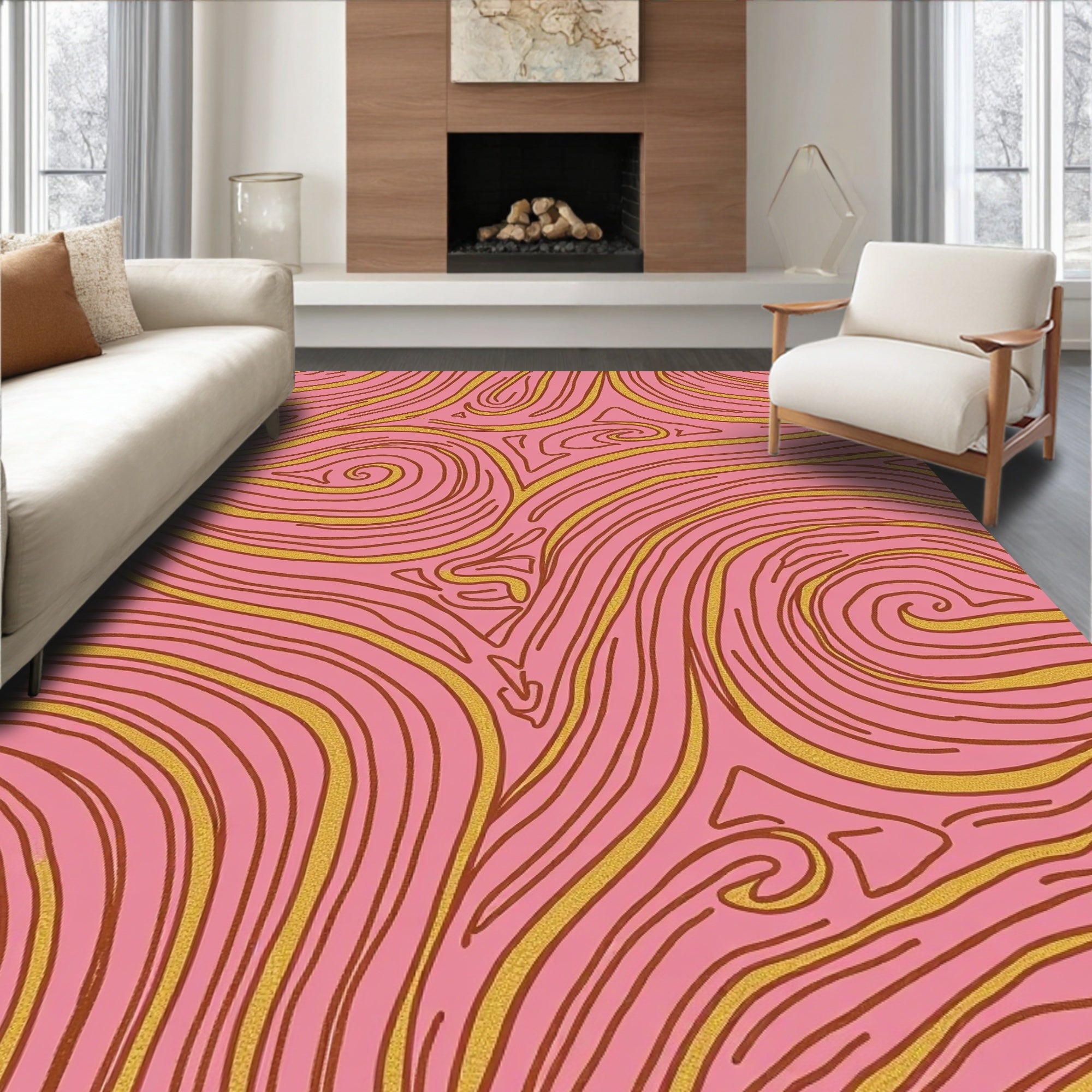 Pink Gold Abstract Swirl Rug