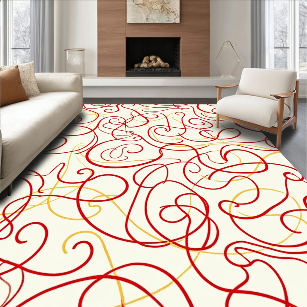 Crimson Gold Swirl Abstract Rug