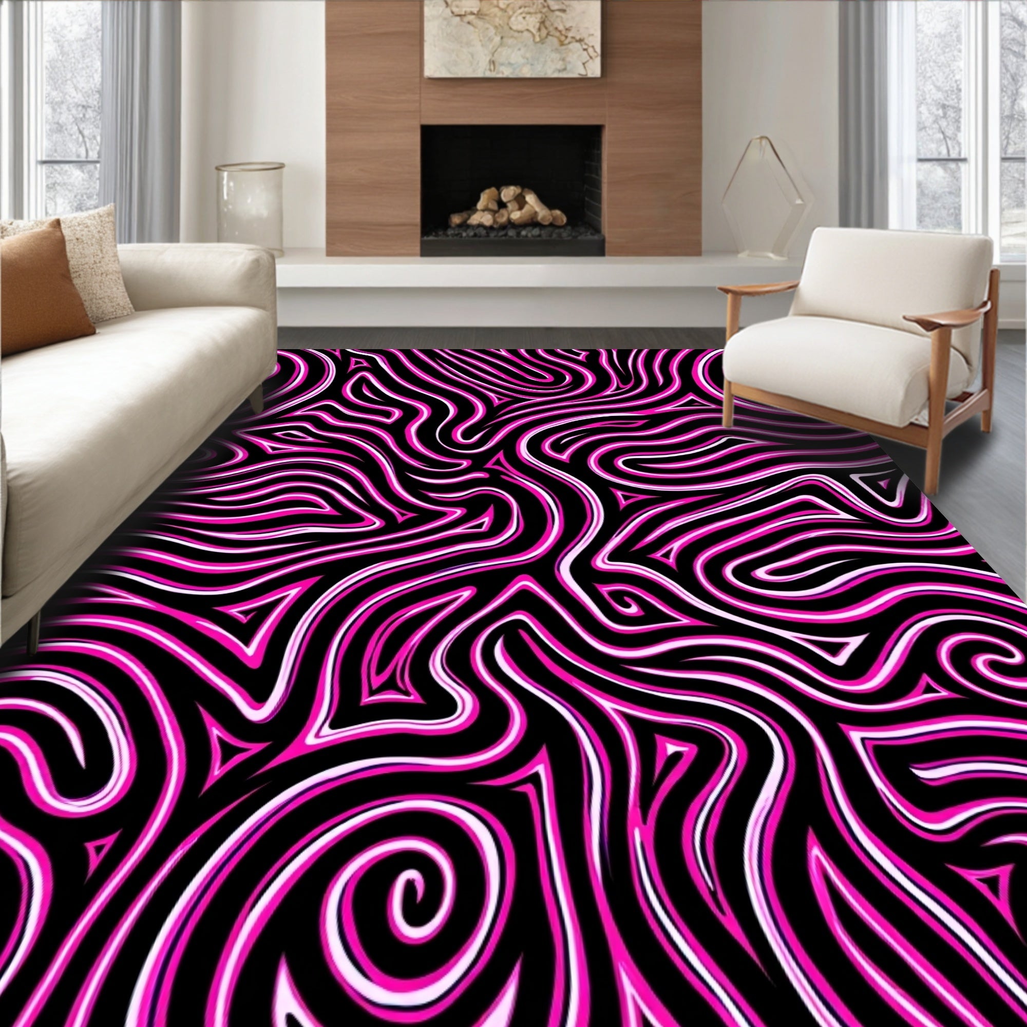 Vivid Black Pink Swirl Abstract Rug