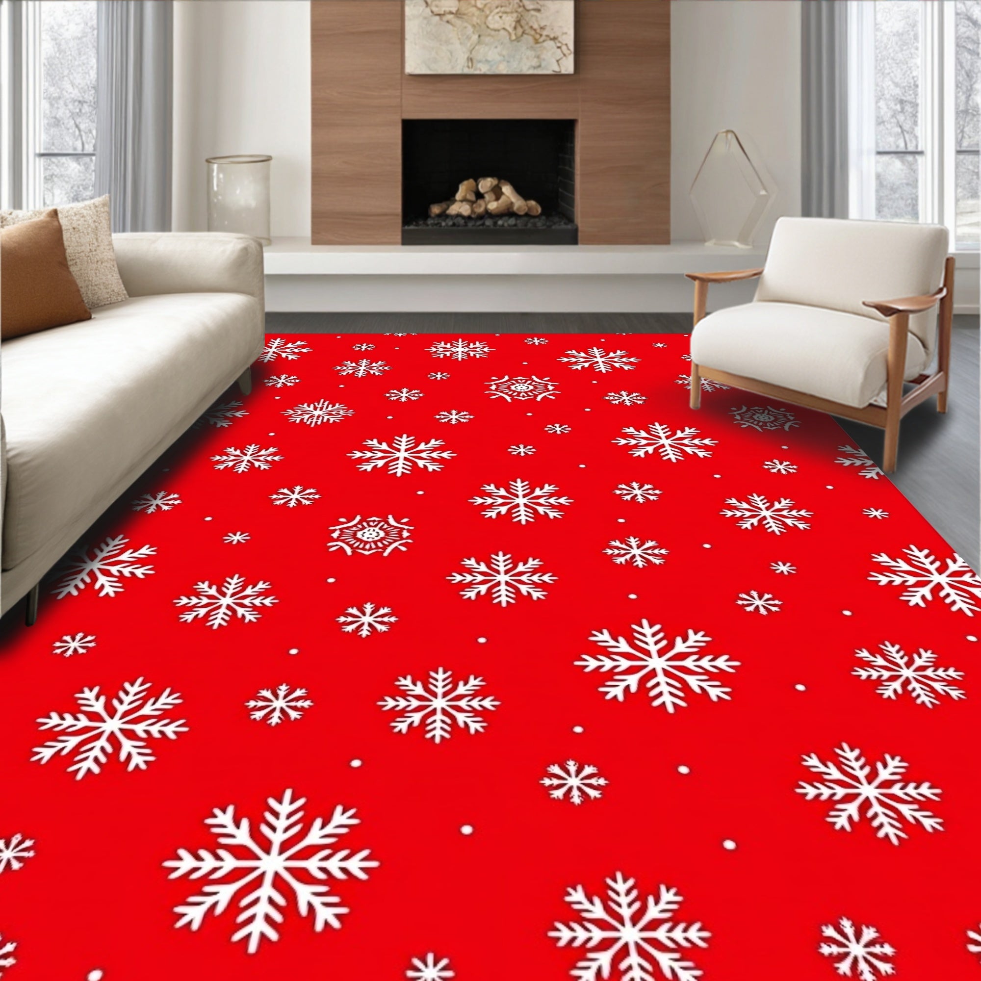 Red White Snowflake Cascade Rug