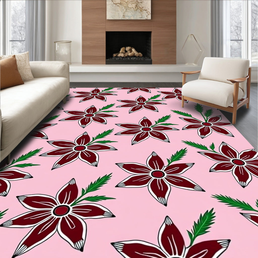 Dark Red Blooming Floral Accents Rug