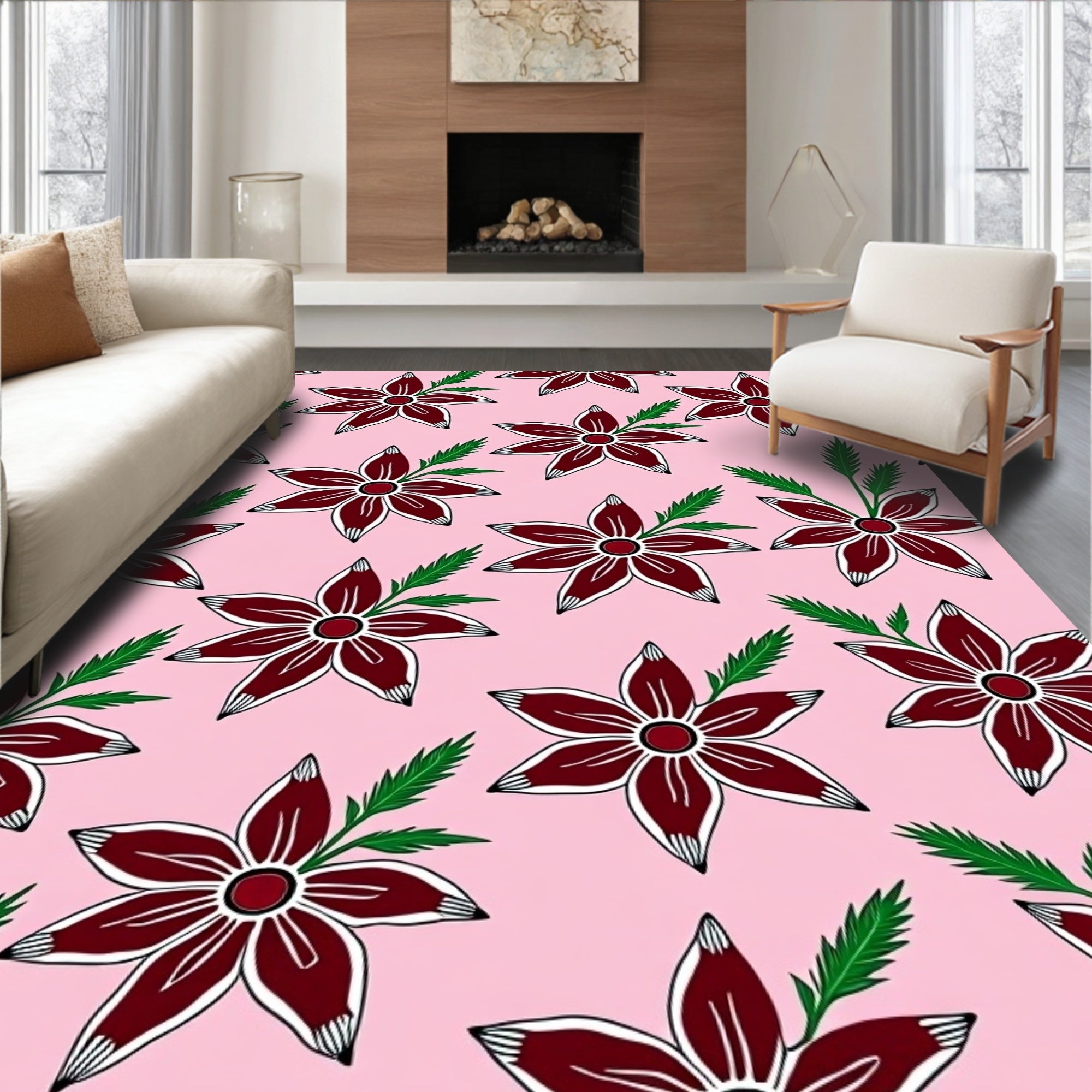 Dark Red Blooming Floral Accents Rug