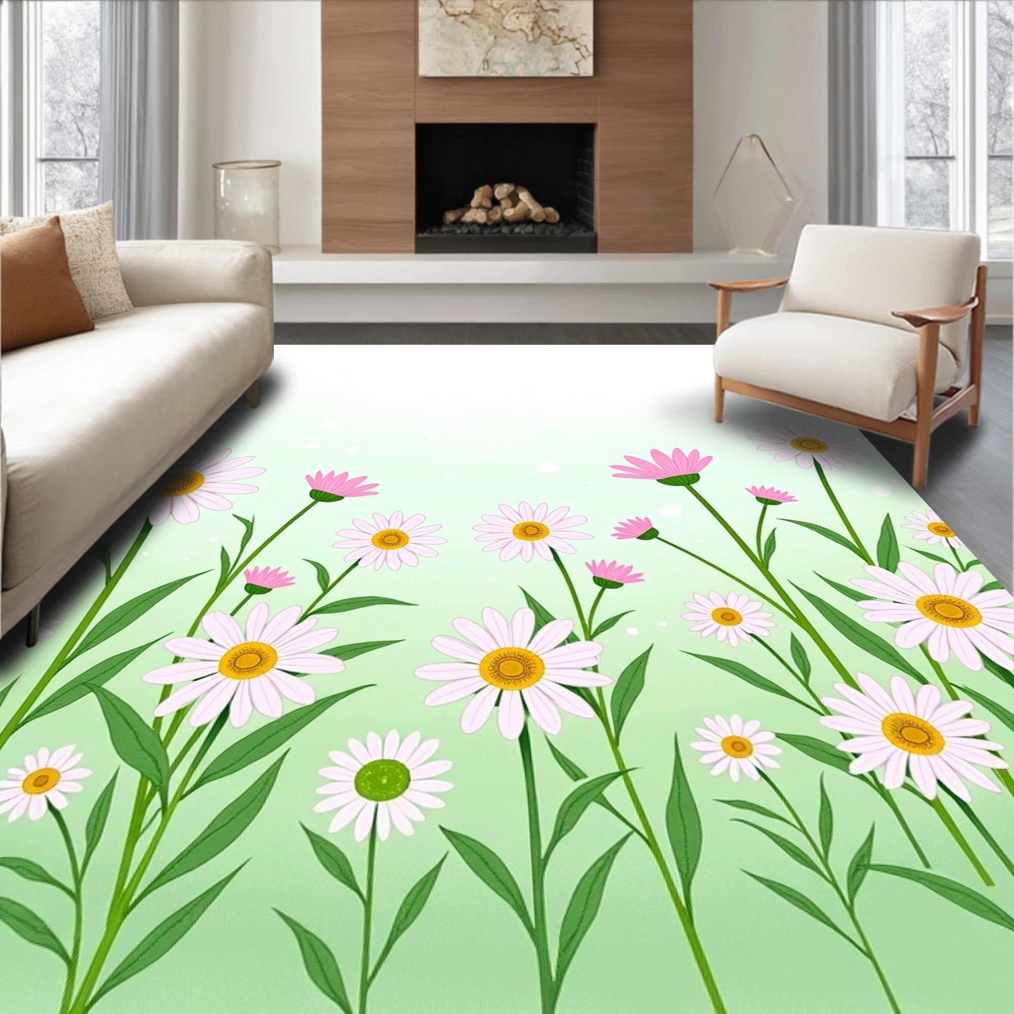 Delicate White Daisy Field Garden Rug