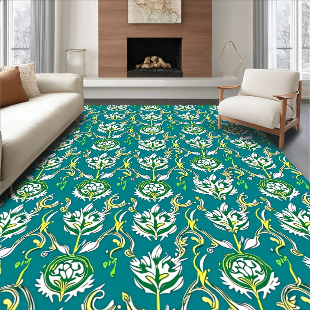 Teal White Green Floral Scroll Rug