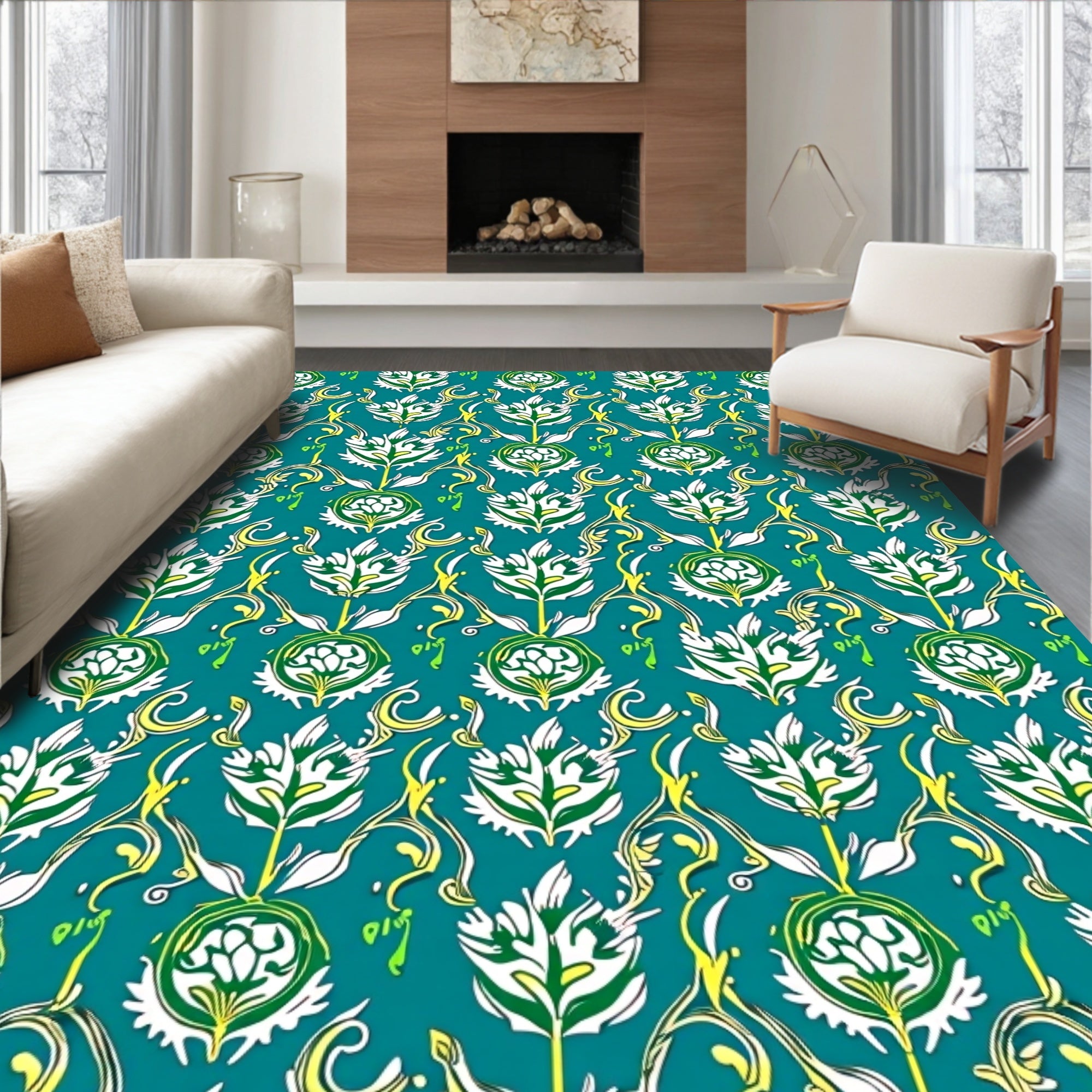 Teal White Green Floral Scroll Rug