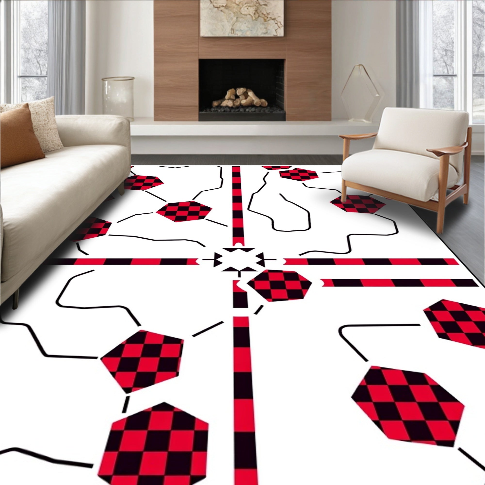 Red Black Checkerboard Hexagon Network Rug
