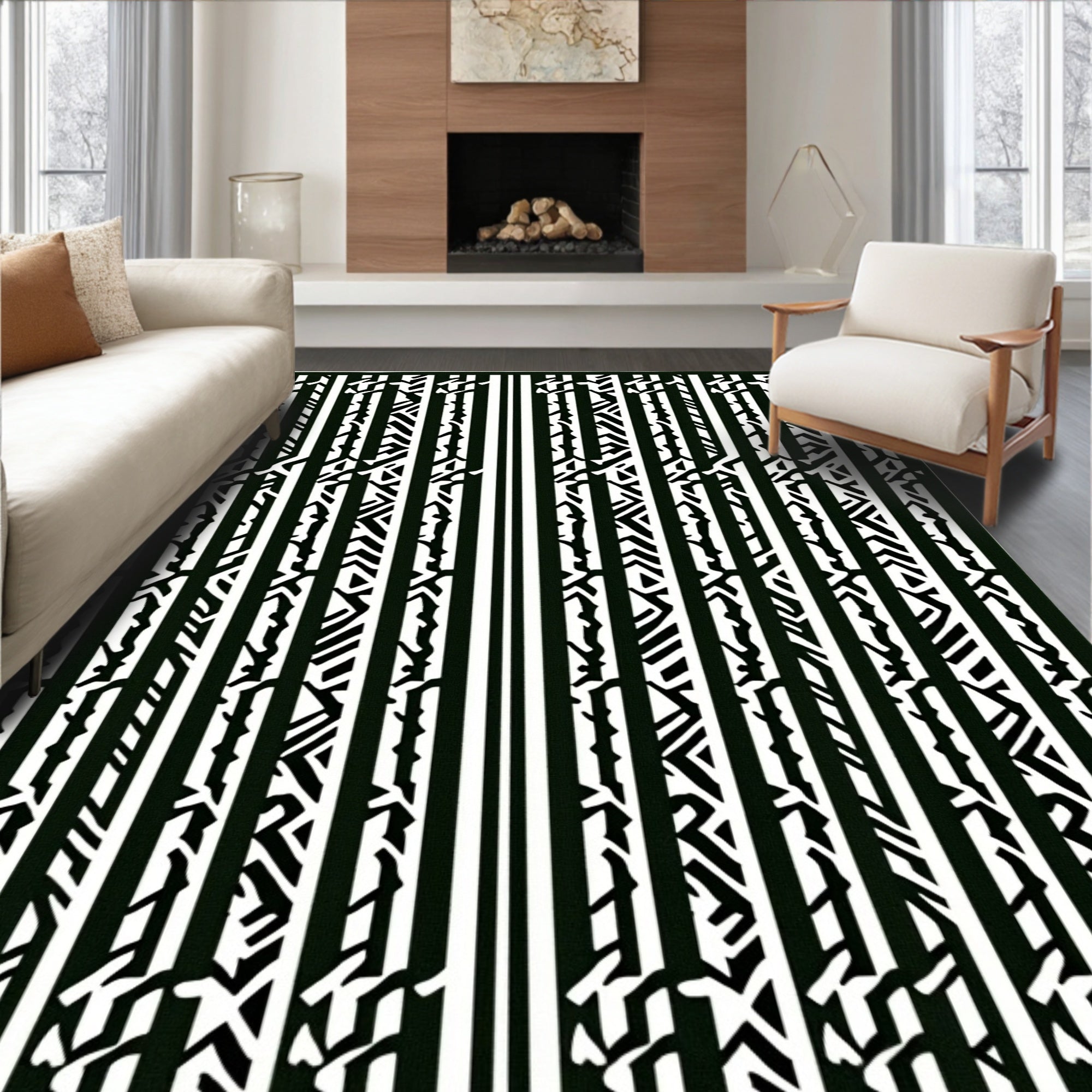 Bold Black White Vertical Stripe Collage Rug