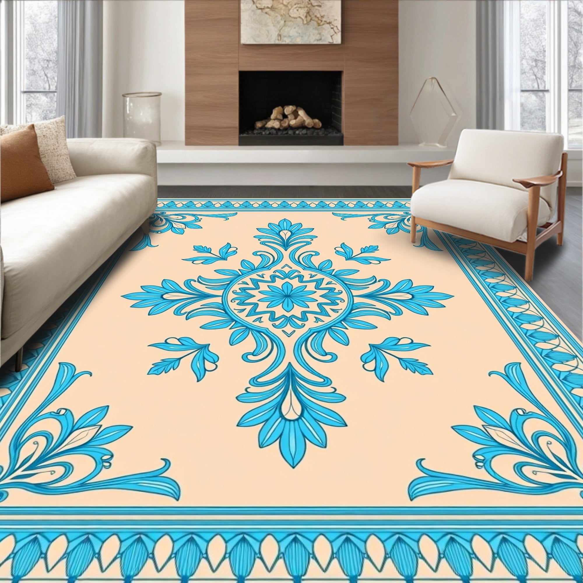 Aqua Floral Medallion Beige Border Rug