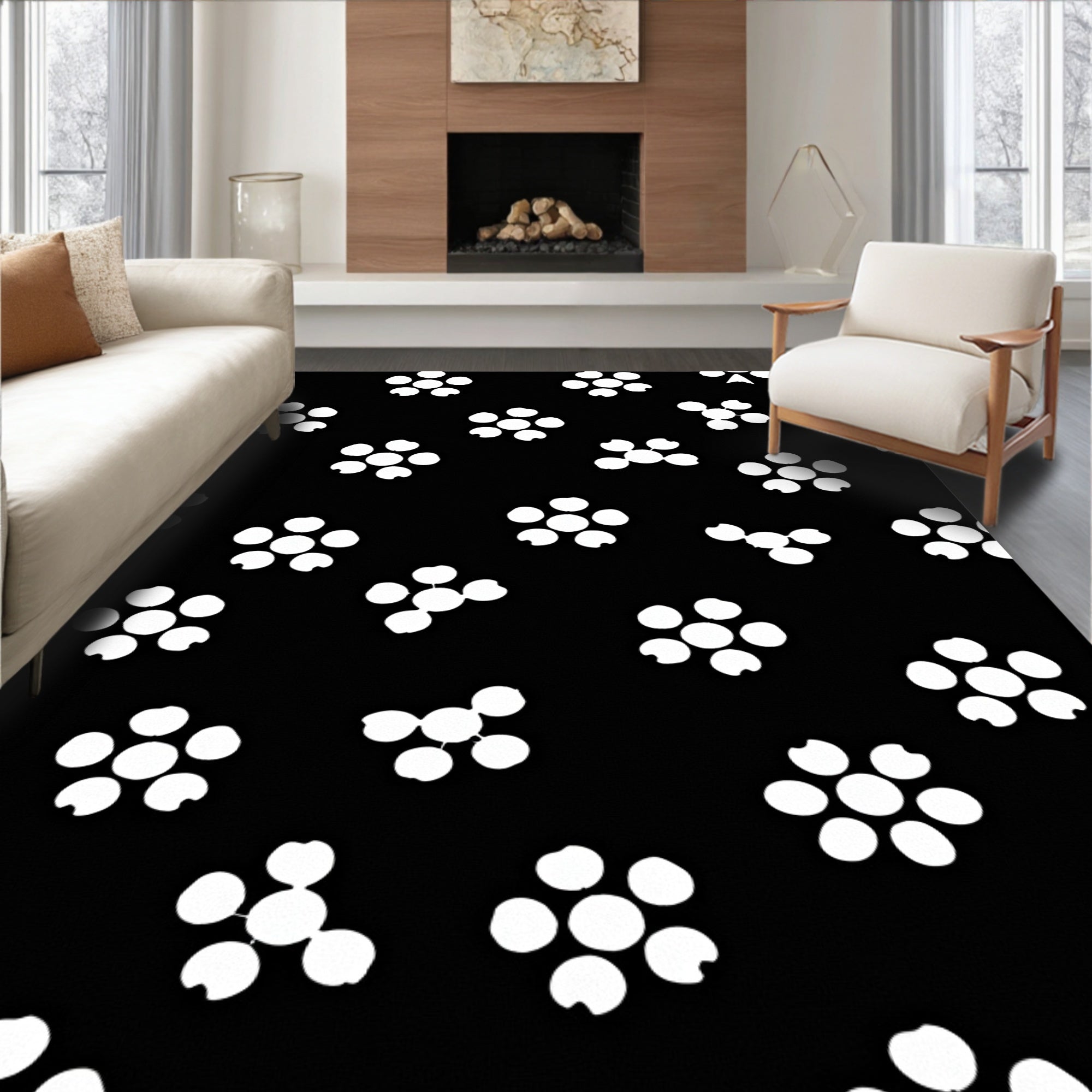 Ink Black White Cluster Bloom Rug