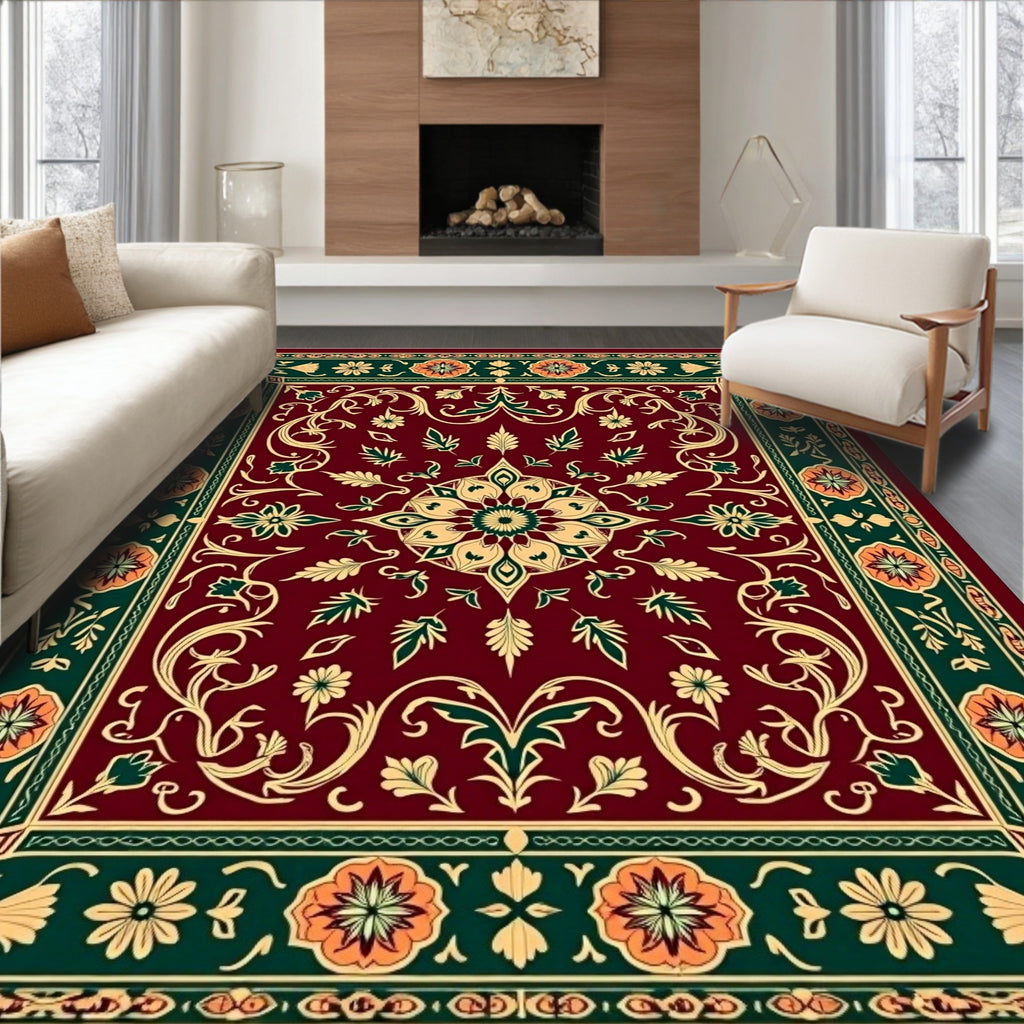 Rich Burgundy Floral Medallion Border Rug