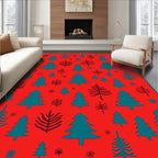 Teal Pine Forest on Red Background Rug
