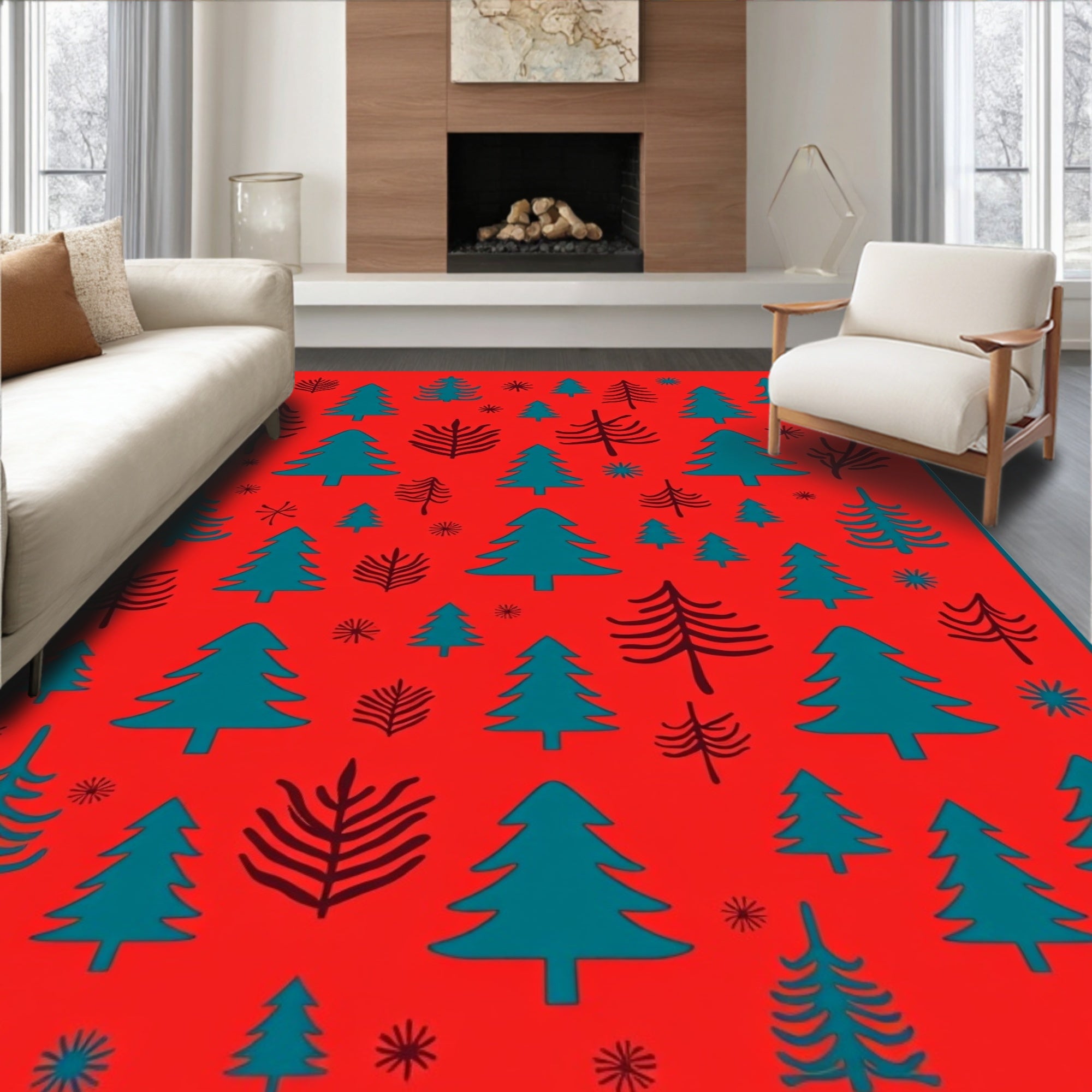Teal Pine Forest on Red Background Rug