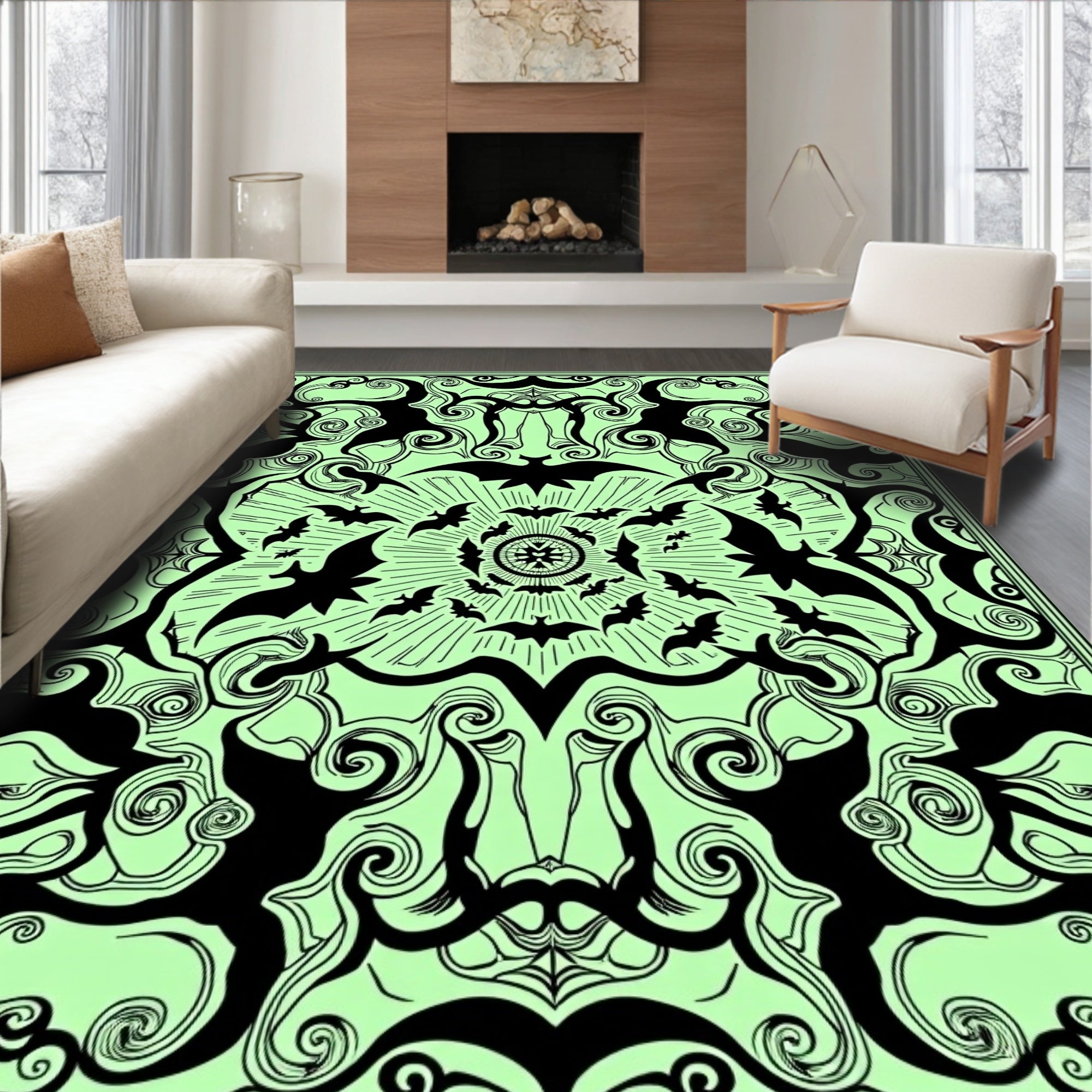 Black Bat Swarm Mandala Rug