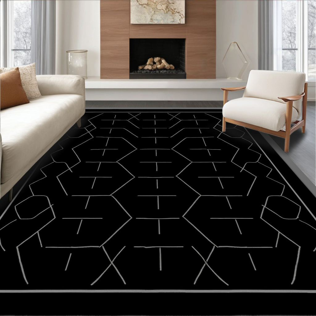 Geometric Black White Hexagon Line Art Rug