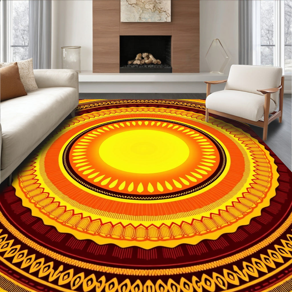 Warm Yellow Red Sun Motif Rug