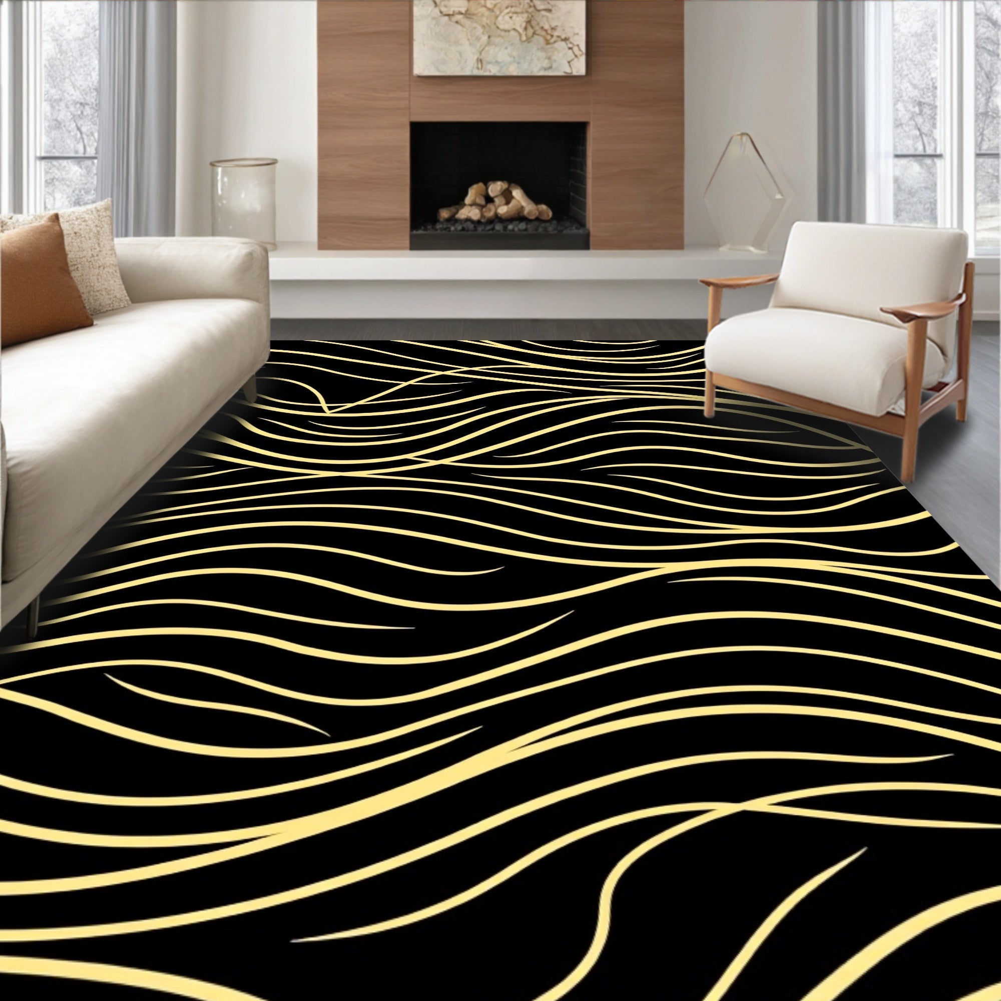 Golden Contemporary Wavy Stripe Rug
