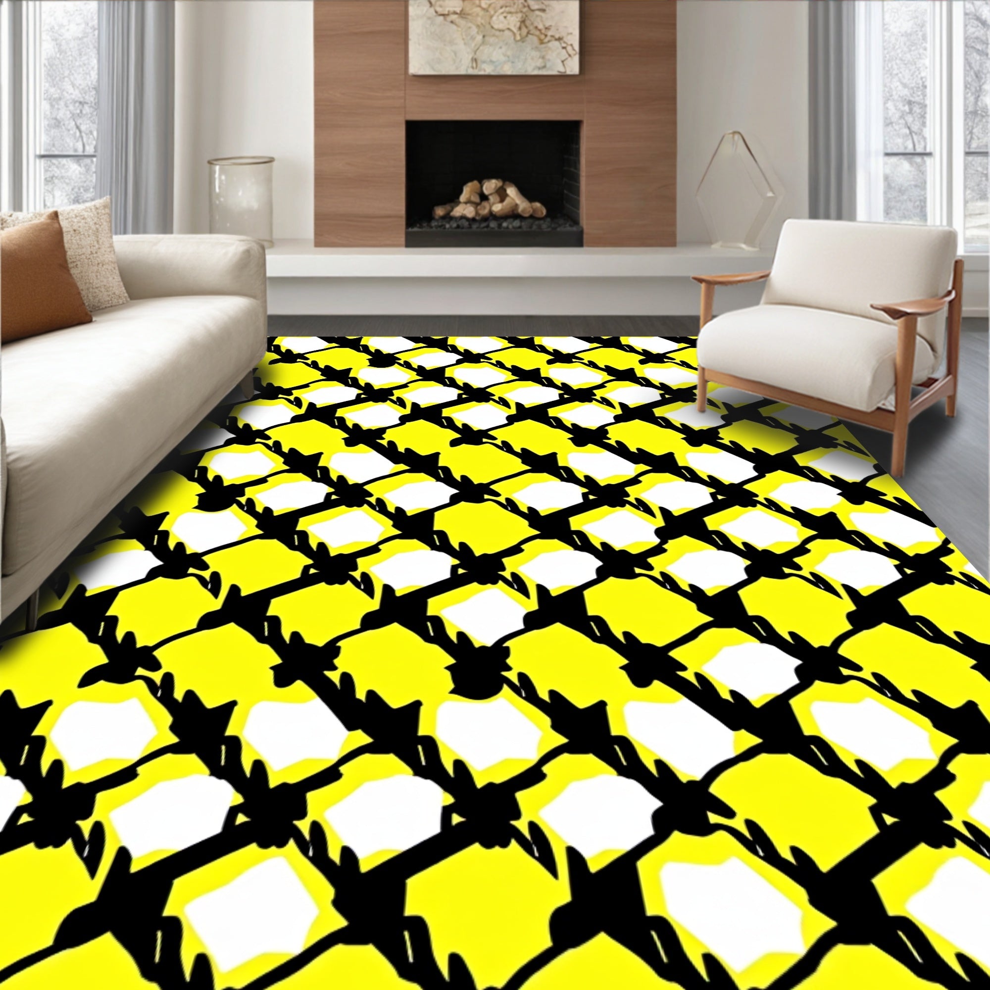 Vivid Yellow Black Abstract Grid Rug