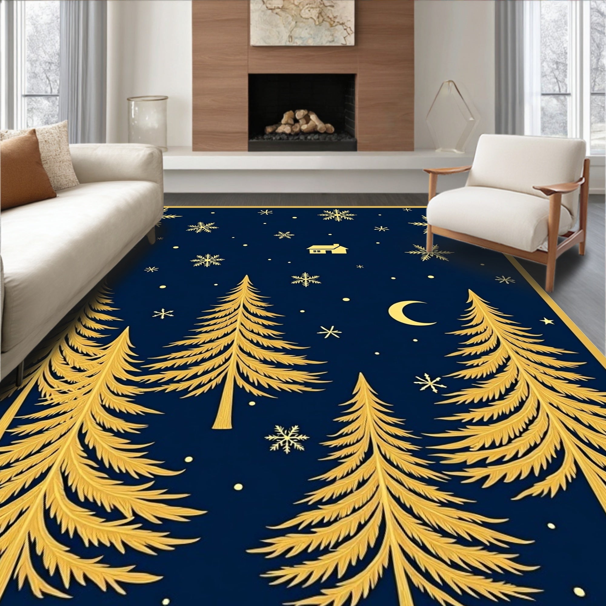 Golden Pine Forest Snowflakes Night Rug