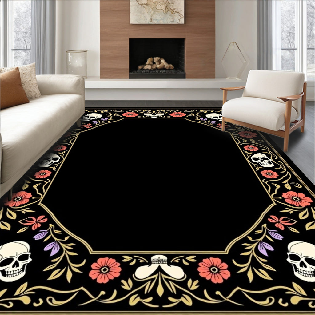 Ornate Skulls Floral Border Rug